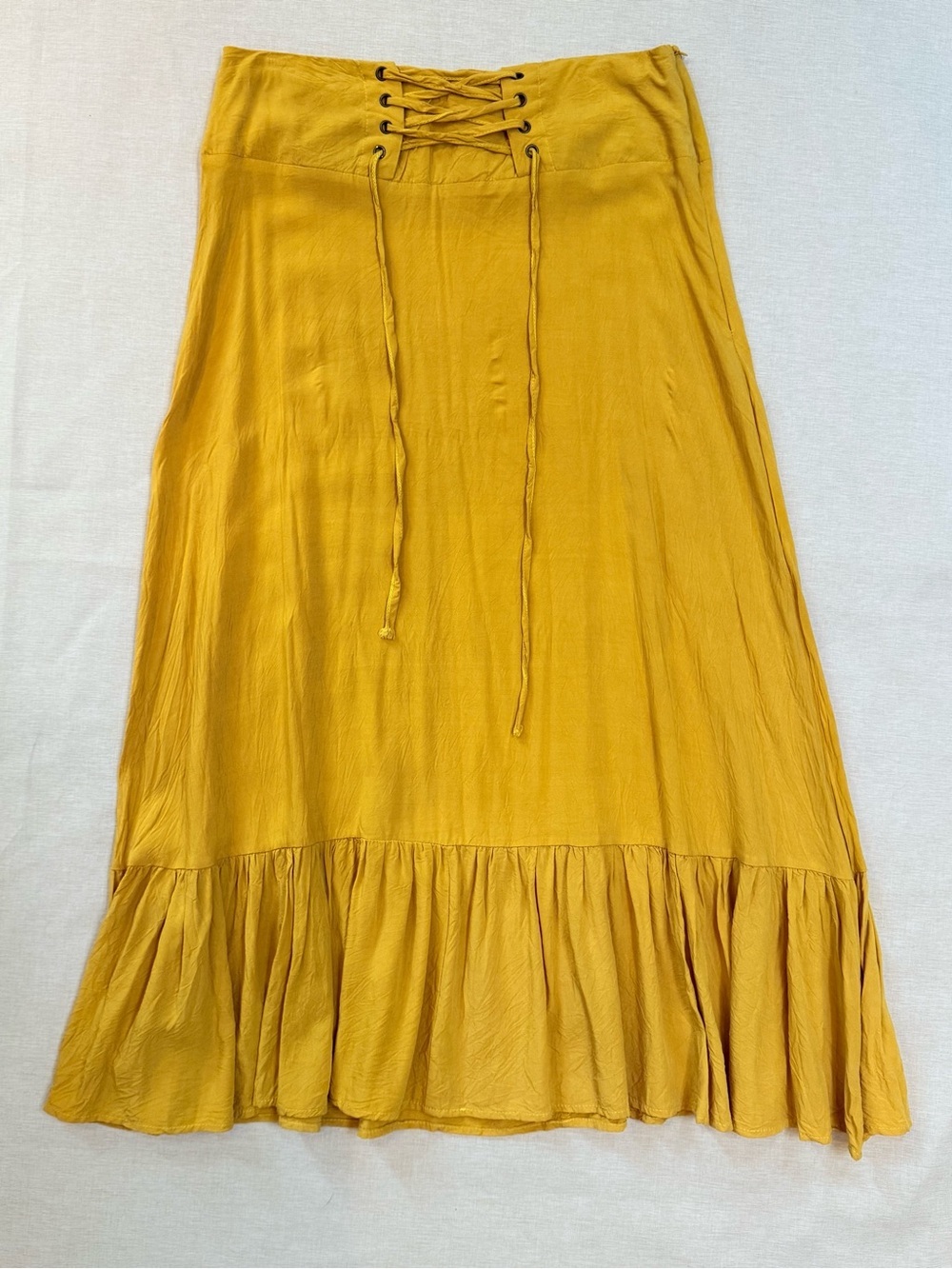 Mustard Lace-Up Ruffled Hem Women’s Skirt - Picture 1 of 9
